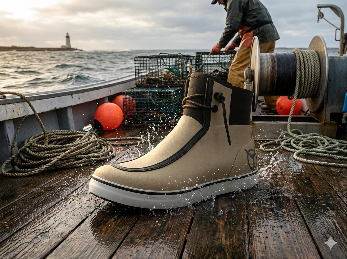 Beige rubber fishing boot on a wooden deck with a fisherman and lobster traps in the background off of Boston Lighthouse.